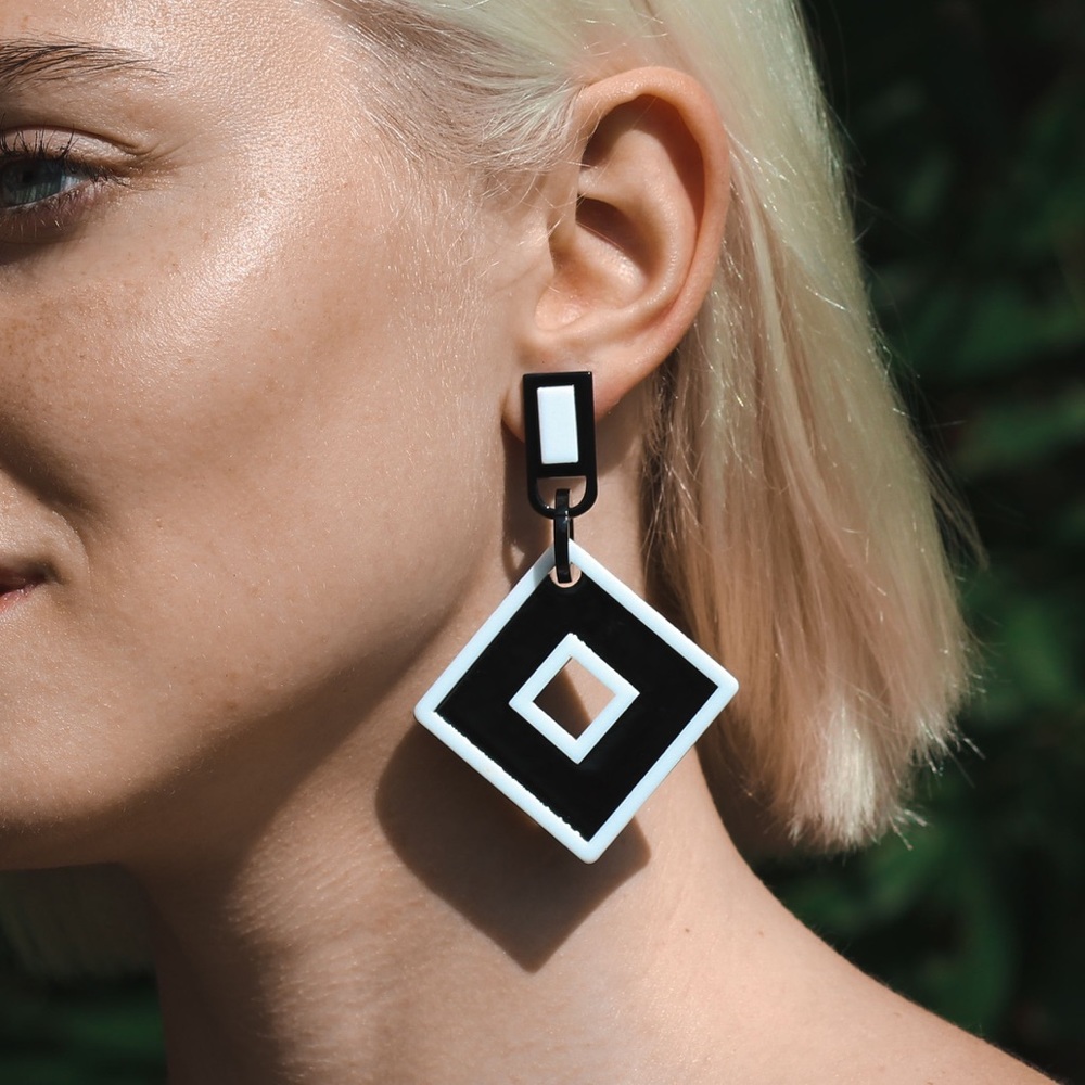 Black & White color block Retro geometric dangle earrings